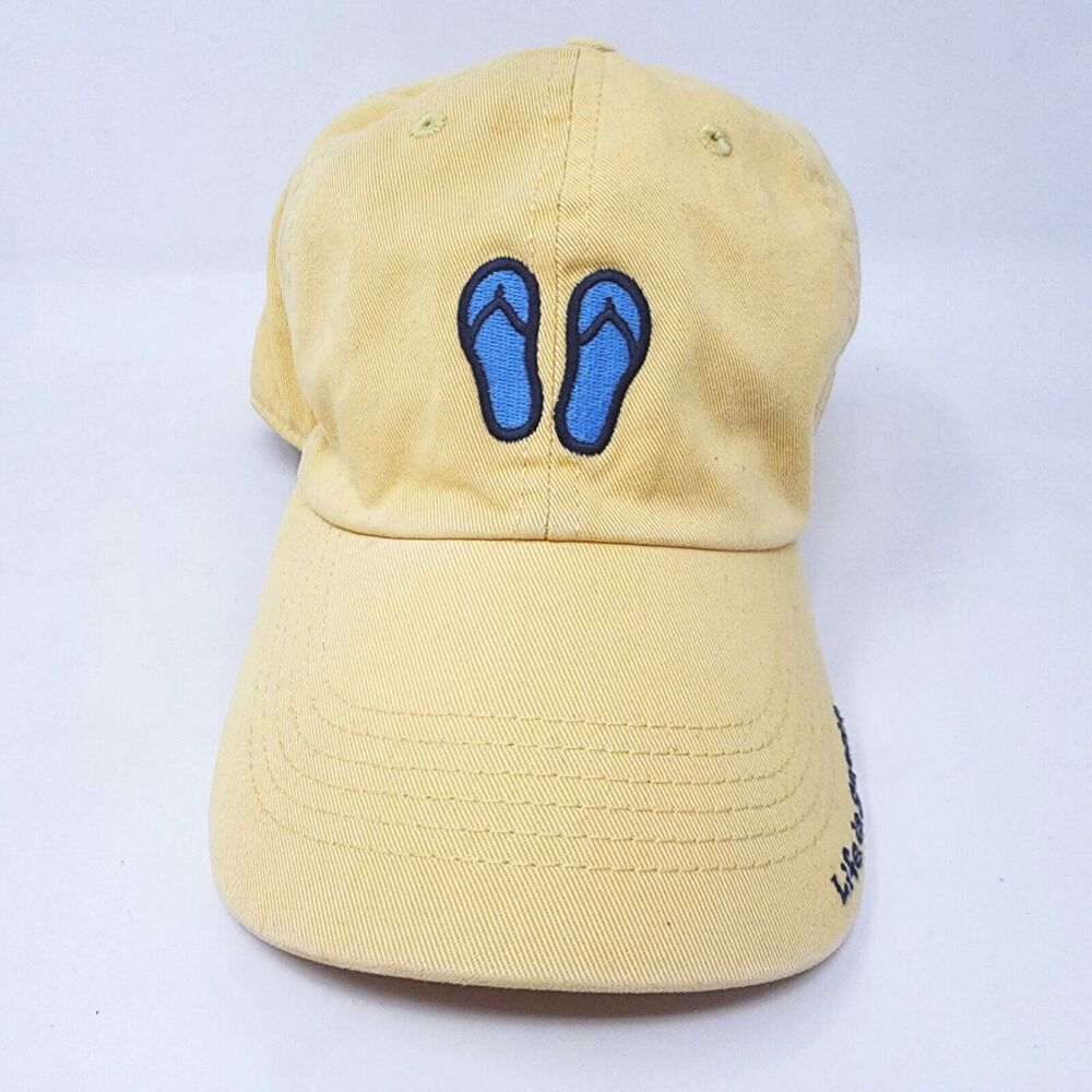 Life Is Good Beach Sandals Flip Flops Yellow Baseball Hat Adjustable Womens OS